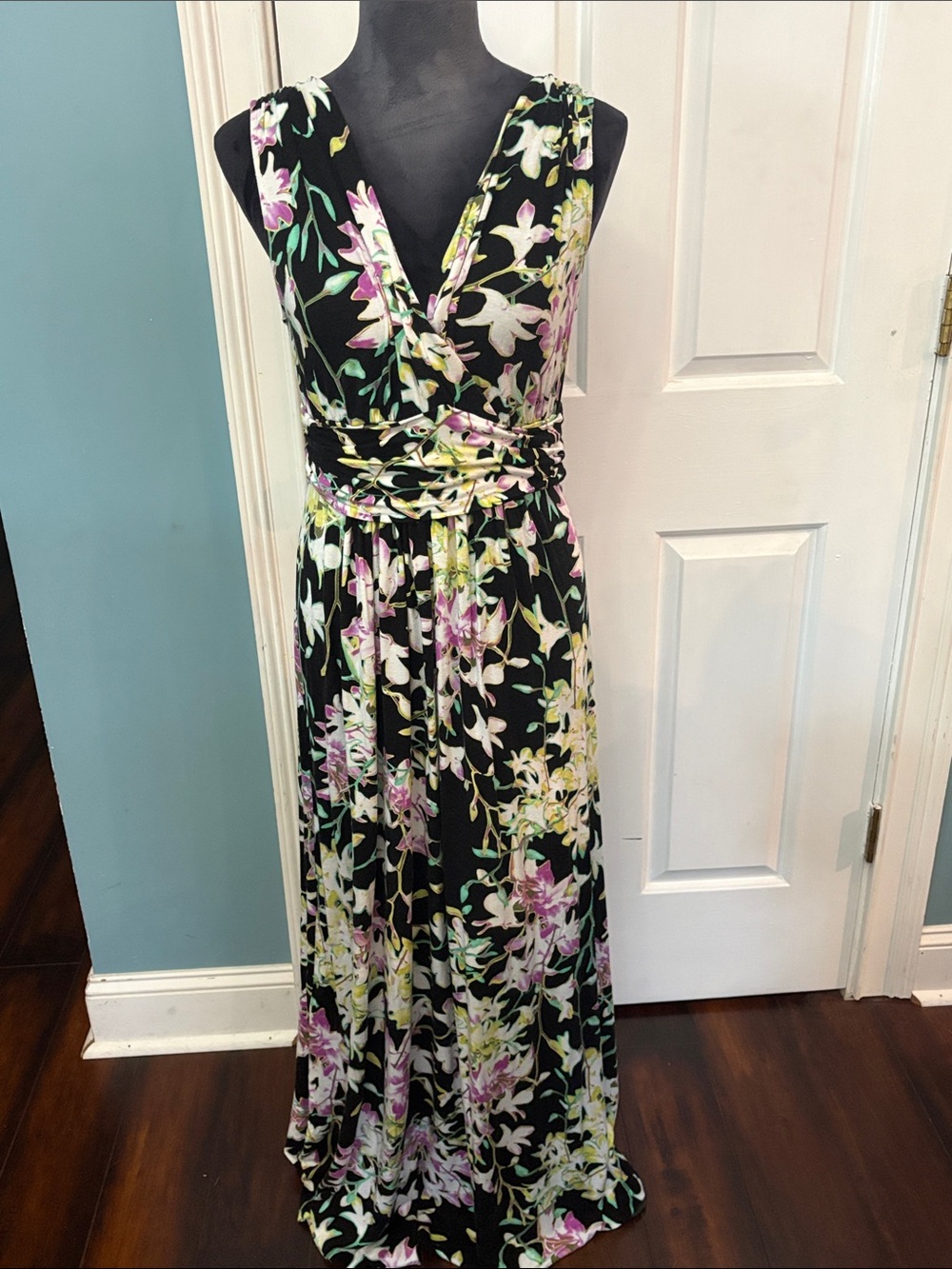 Jennifer Lopez Black Floral Maxi Dress with Pink, Yellow and Cream Blooms